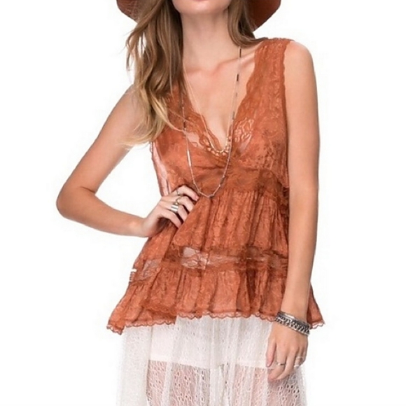 FREE PEOPLE Deep V Trapeze Lace Cami Top Small - Picture 1 of 5